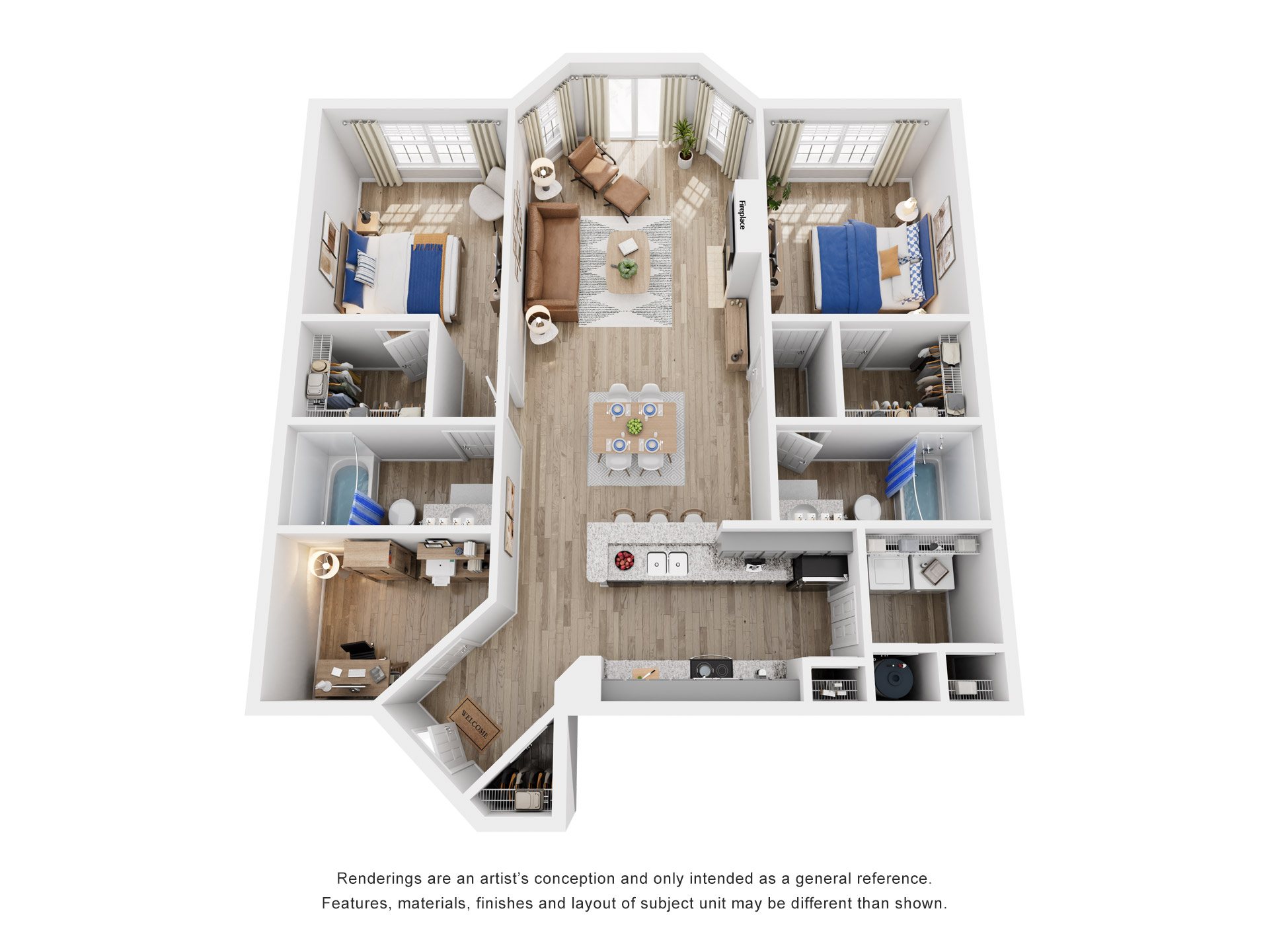 Floor plan for 2 beds, 2 baths, 1369 sqft